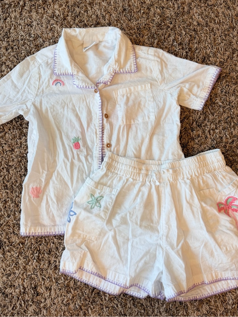 Cotton On White Embroidered Kids Short Set with Purple Trim
